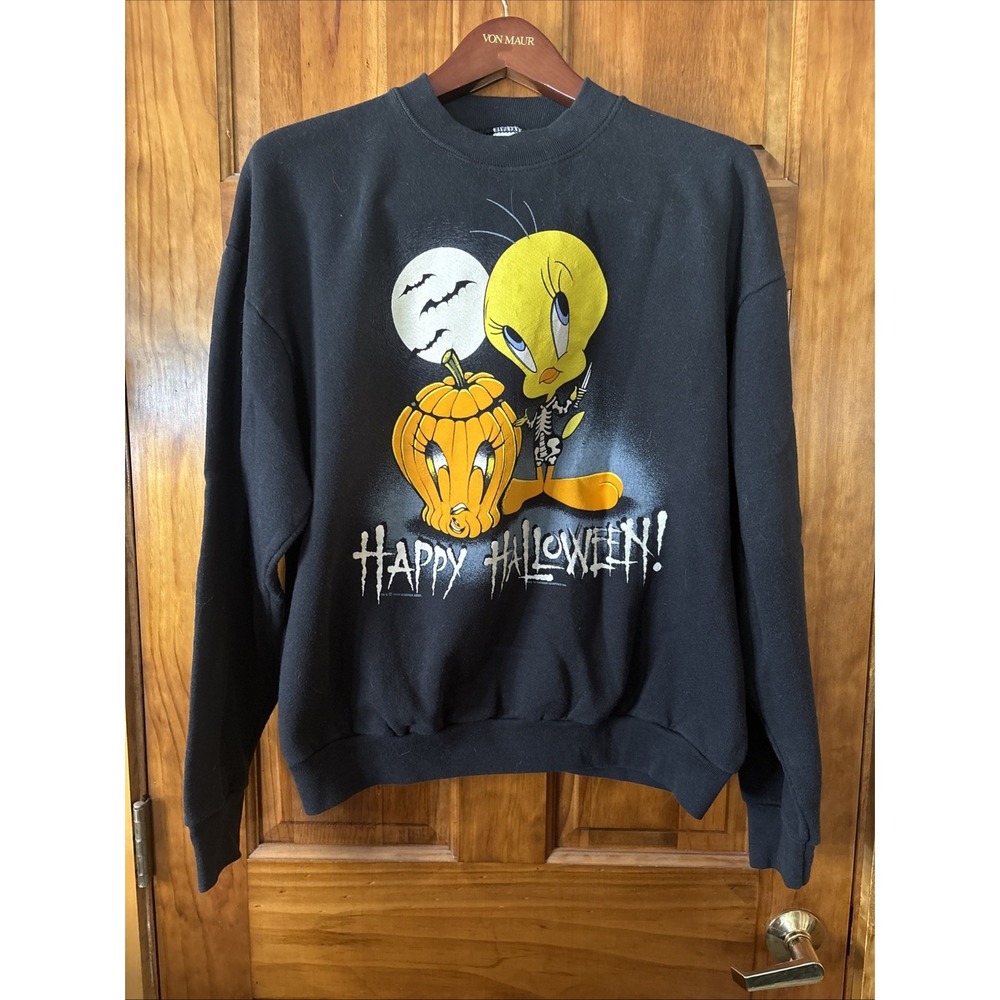 Vintage 90s Tweety Bird Sweatshirt Large Black Jack O Lantern Spooky USA